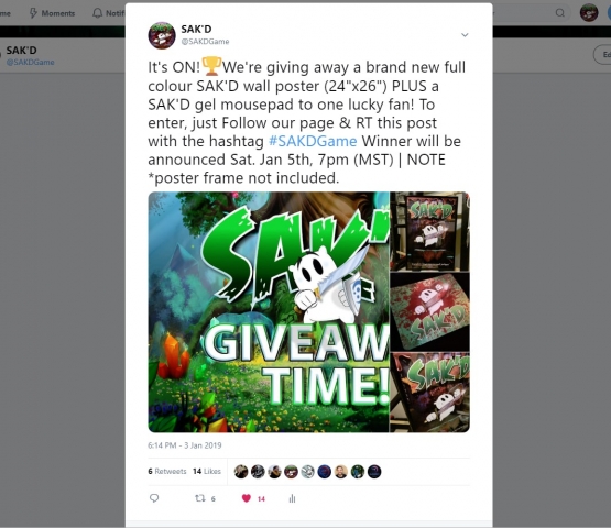 SAK'D First Official Giveaway - Twitter Screenshot